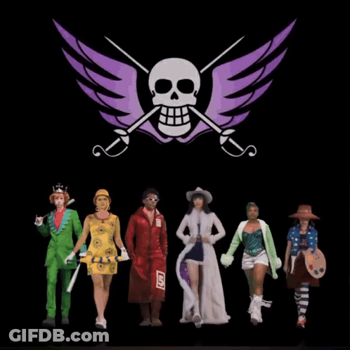 Group Standing In Front Of Winged Skull And Crossbones GIF