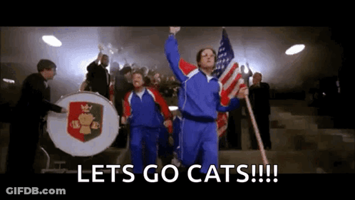 Group Walking Down Stairs Holding Flags And Drum Saying Let's Go Cats GIF