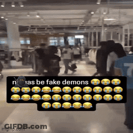 Group Walking In Store With Sign Saying N'as Be Fake Demons GIF