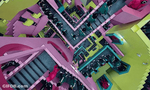 Group Walking Up Stairs In Pink Building GIF