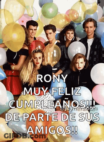Group With Balloons Rony Muy Feliz Cumpleanos De Parte De Sus Amigos GIF