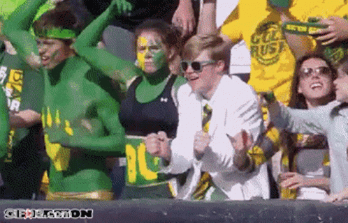 Group With Green And Yellow Paint Cheering In Stadium Saying Senation GIF
