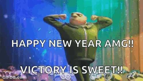 Gru From Despicable Me Is Flexing His Muscles And Saying `` Happy New Year Amg ! '' Victory Is Sweet ! '' GIF