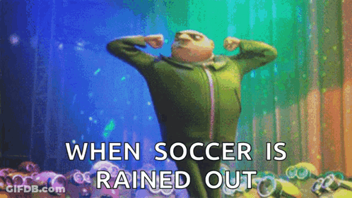 Gru From Despicable Me Is Flexing His Muscles In Front Of A Crowd Of Minions With The Caption When Soccer Is Rained Out GIF