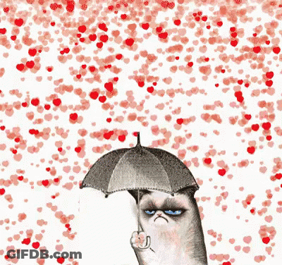 Grumpy Cat Holding Umbrella With Red Hearts GIF