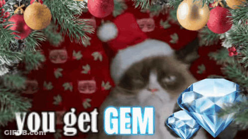 Grumpy Cat In Santa Hat With Christmas Decorations And Diamond GIF