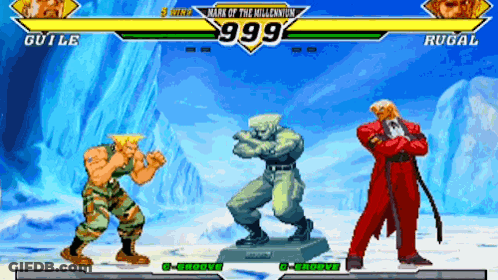 Guile And Rugal Are Fighting In A Video Game With A Score Of 999 GIF