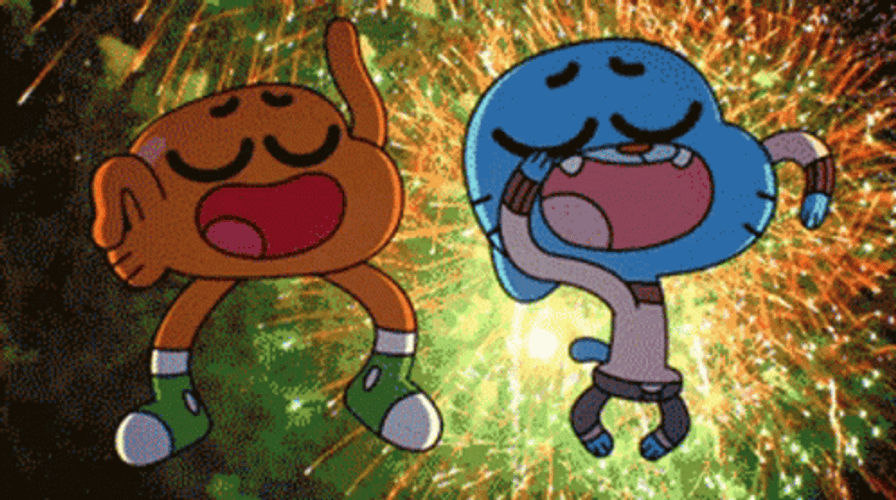 Gumball And Darwin Dancing In Fireworks GIF