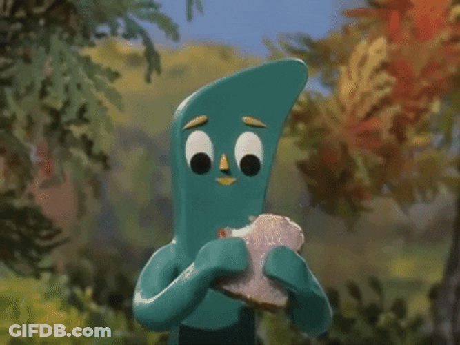 Gumby Cartoon Character Eating Sandwich GIF