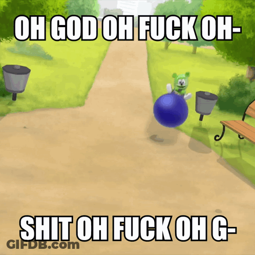 Gummy Bear On Blue Ball Saying Oh God Oh Fuck GIF