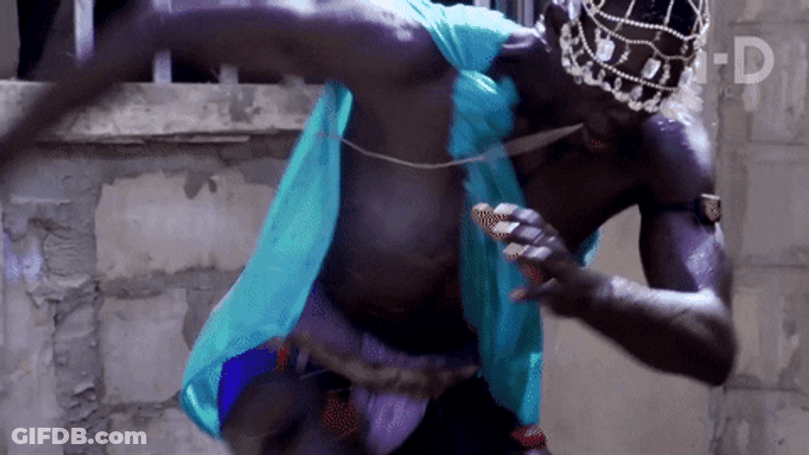 Guy As Tribal Chief Dancing Wearing Blue Fabric GIF