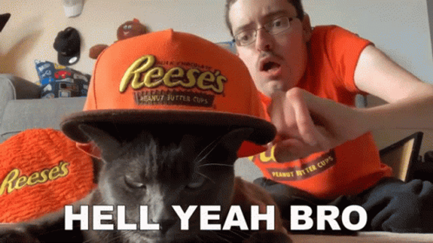 Guy Wearing Reeses Hell Yeah Brother Cat GIF