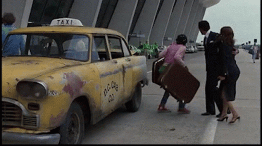 Guys Getting In Taxi Hurriedly DC Cab 1983 GIF
