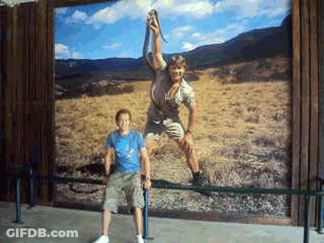 Guys Posing With Steve Irwin Giant Poster GIF