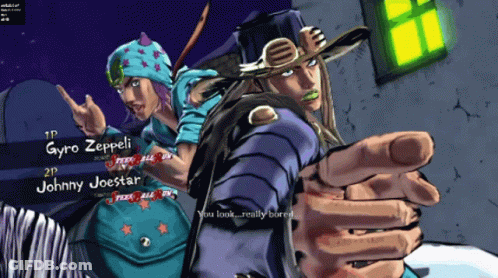 Gyro Zeppeli And Johnny Joestar Are Standing Next To Each Other In A Video Game GIF