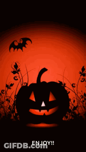 Halloween Background With Pumpkin And Bats Saying Enjoy GIF