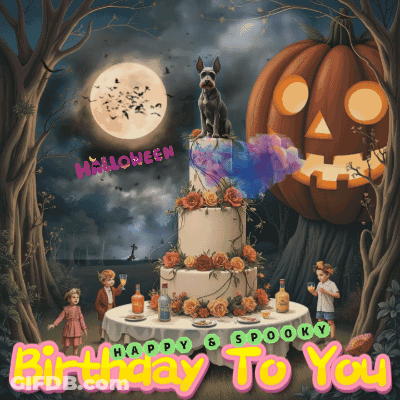 Halloween Birthday Card With Dog On Cake GIF