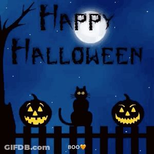 Halloween Card Black Cat Pumpkins Witch On Broom GIF