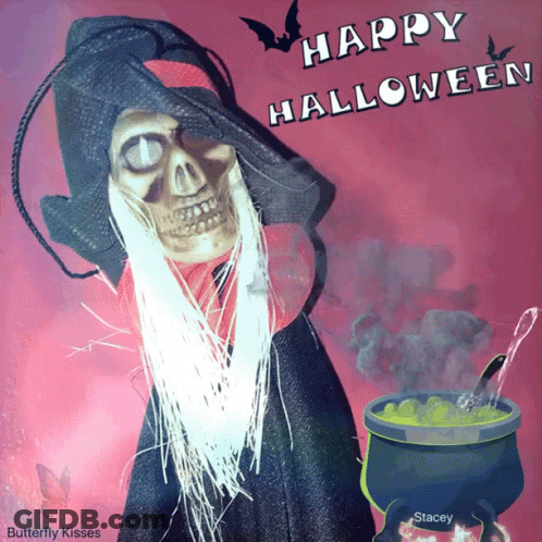 Halloween Card Skeleton Witch With Cauldron Of Green Liquid GIF