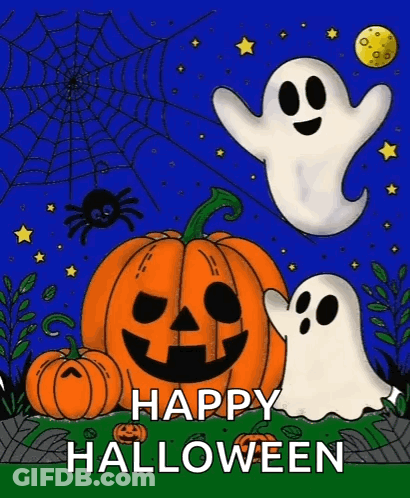 Halloween Card With Pumpkins Ghosts And Spiders GIF