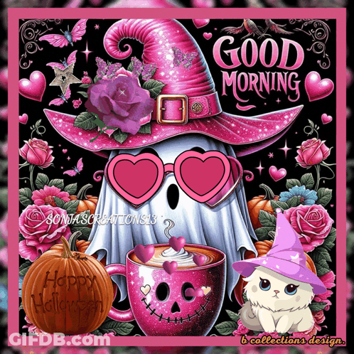 Halloween Ghost In Pink Hat GIF