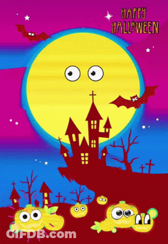 Halloween Greeting Card With Castle And Pumpkins GIF