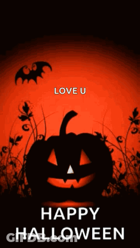 Halloween Greeting Card With Pumpkin And Bats Saying Happy Halloween GIF