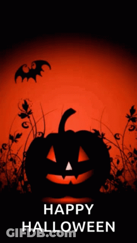 Halloween Greeting Card With Pumpkin And Bats Saying Happy Halloween GIF