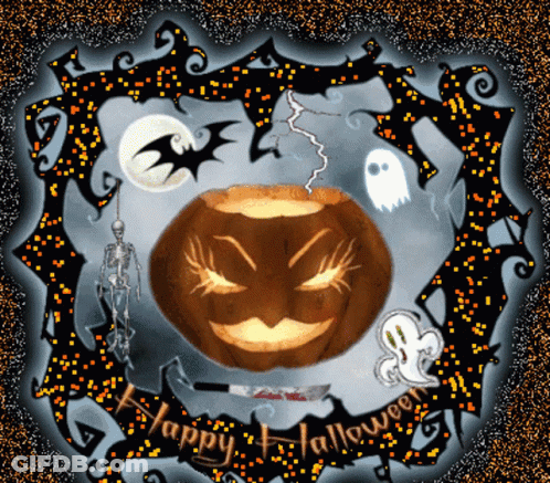Halloween Greeting Card With Pumpkin Ghosts And Bats GIF