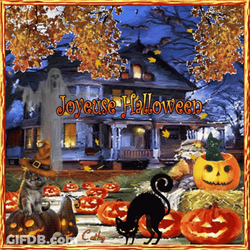 Halloween Greeting Card With Pumpkins And Cat GIF