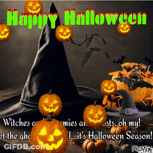 Halloween Greeting Card With Pumpkins And Witch Hat GIF