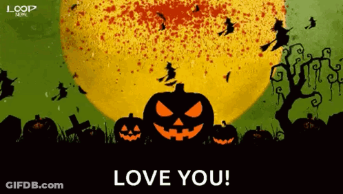 Halloween Greeting Card With Pumpkins And Witches Saying Love You GIF