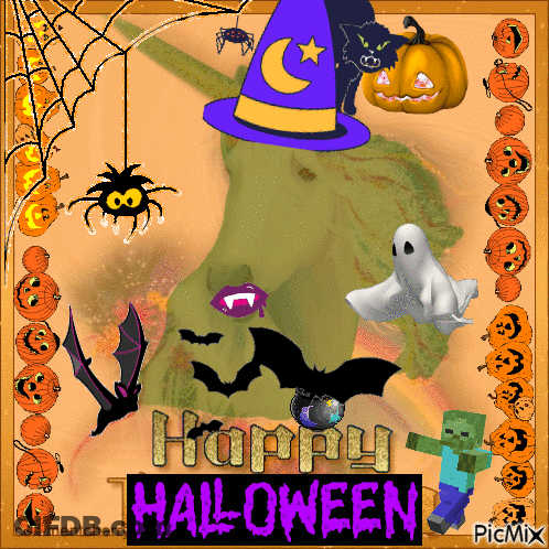 Halloween Greeting Card With Unicorn Bats Pumpkins Ghost GIF