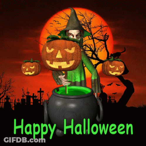Halloween Greeting Card With Witch And Pumpkins GIF