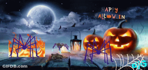 Halloween Greeting With Pumpkins And Spiders GIF