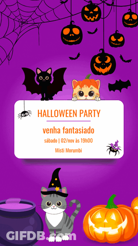 Halloween Party Invitation With Cats Bats Pumpkins Spiders GIF