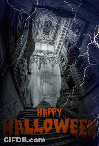 Halloween Poster With Ghost And Lightning GIF