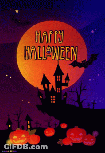 Halloween Poster With Pumpkins And Bats Saying Happy Halloween GIF