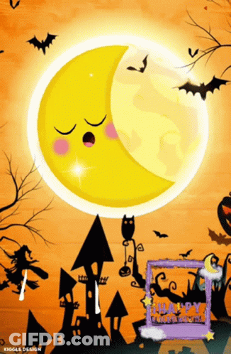 Halloween Poster With Sleeping Crescent Moon And Bats GIF