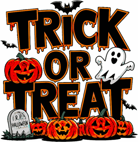 Halloween Sign Saying Trick Or Treat With Pumpkins And Ghost GIF