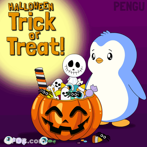 Halloween Trick Or Treat Sign Penguin Candy-Filled Pumpkin GIF