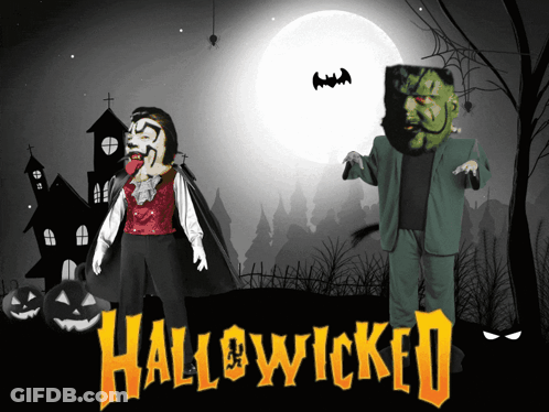 Hallowwicked Poster Vampire And Frankenstein In Front Of Full Moon GIF