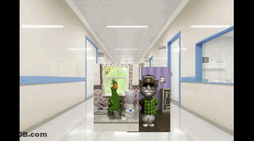Hallway With Cat Picture And Parrot GIF