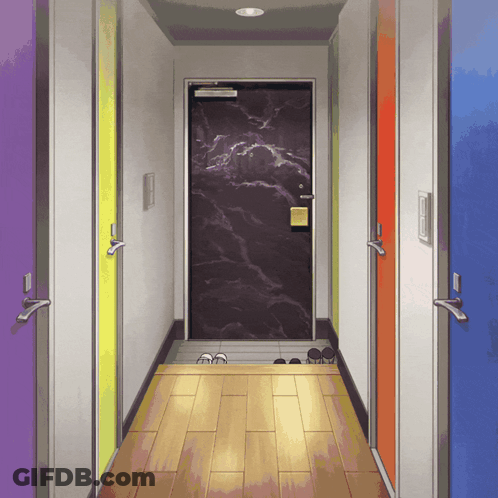 Hallway With Colorful Doors Saying Marble GIF