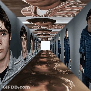 Hallway With Men's Faces On Walls GIF