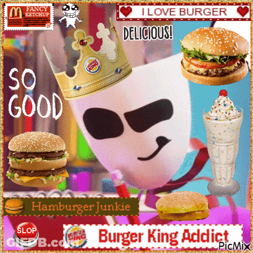 Hamburger Junkie Surrounded By Burgers And Milkshakes GIF