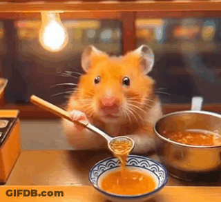 Hamster Sitting At Table Holding Spoon And Soup GIF