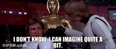 Han Solo And A Stormtrooper Are Looking At A Statue Of C-3Po .. GIF