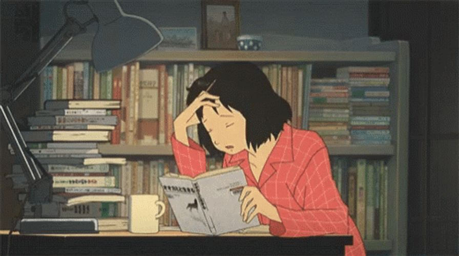 Hana Sleepy And Stressed Reading Book GIF