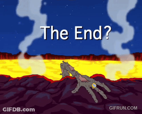 Hand Coming Out Of Volcano Saying The End GIF